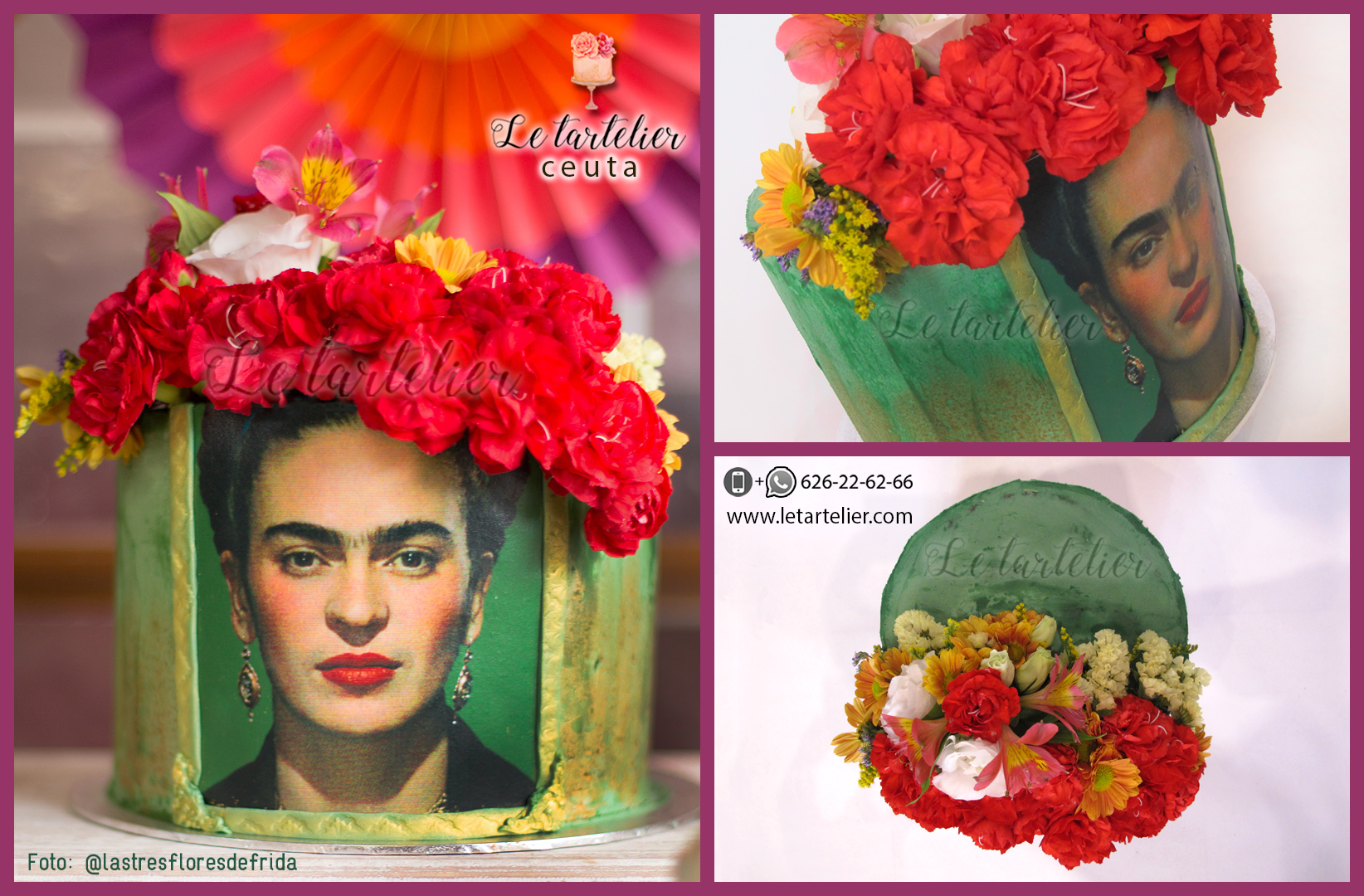 Tarta de cumpleaños temática Frida Kahlo con flores naturales y bizcochos  de oreo. Le tartelier, tartas en Ceuta.